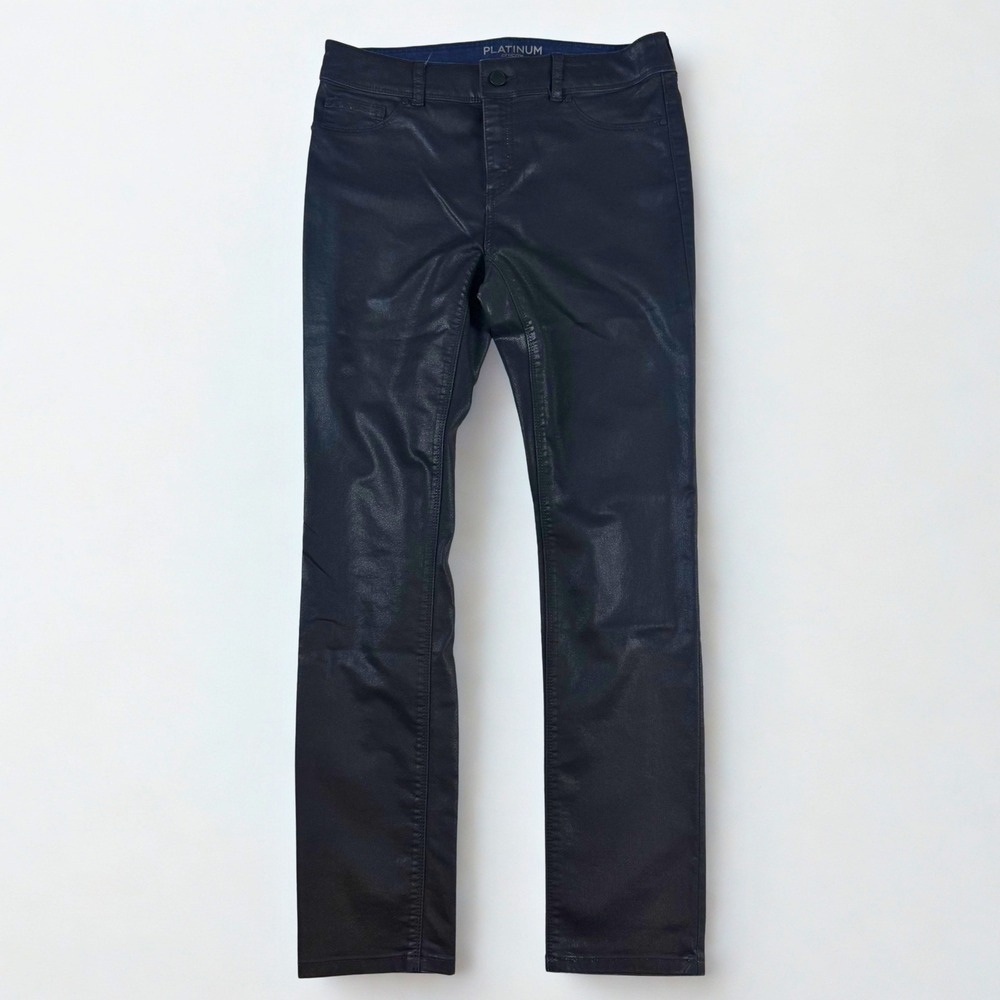 Chico's‎ Platinum Coated Denim Jeans Womens 0 Black Slim Leg Faux Leather Look